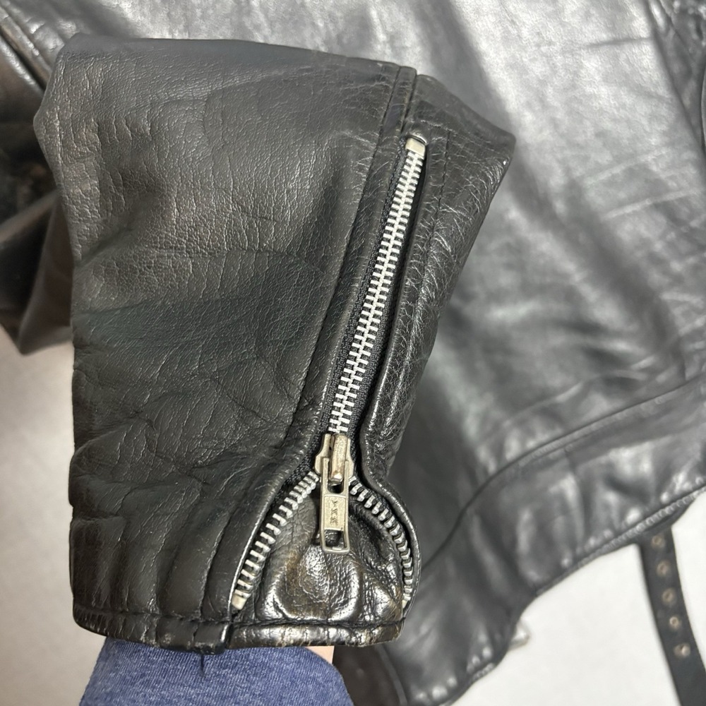 Vtg 90's Black Leather Moto Jacket  Heavy Weathered + Harley Trucker Wallet Sz L - Picture 12 of 16